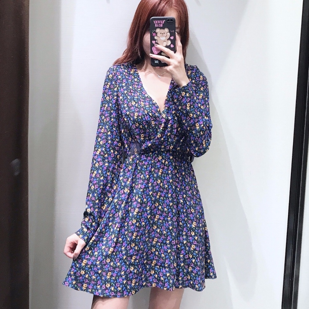 NWT Zara Blue Floral Wrap Mini Dress Long Sleeve V Neck L Cottagecore